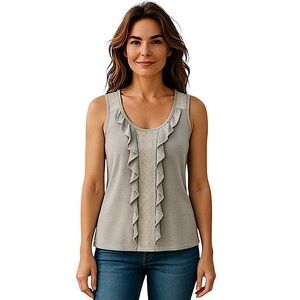 WILLI SMITH Elegant Gray Sleeveless Top, Sequins, Lace & Ruffles Size M